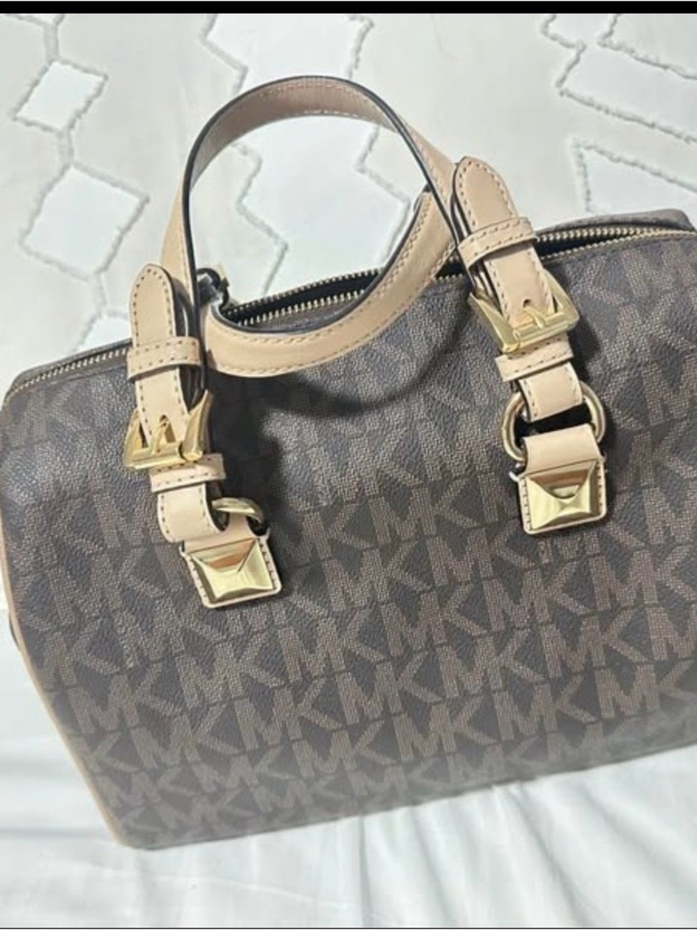Michael Kors Brown MK Logo Satchel with Beige Trim and Gold Hardware